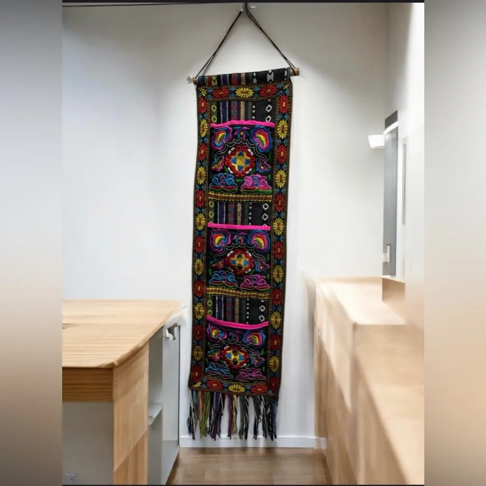 Source Unknown Multicolor Bohemian embroidered textile wall hanging 3 pockets